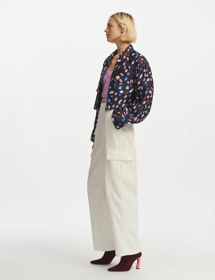 Navy blue cropped jacket with abstract print