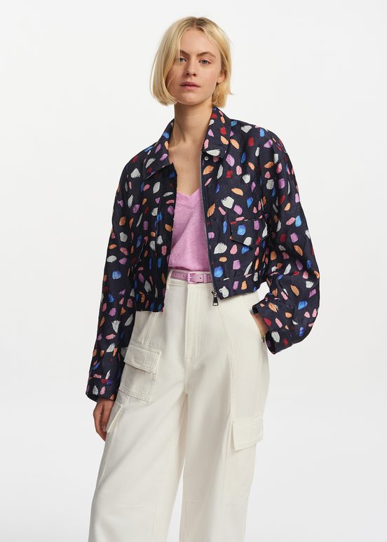 Navy blue cropped jacket with abstract print