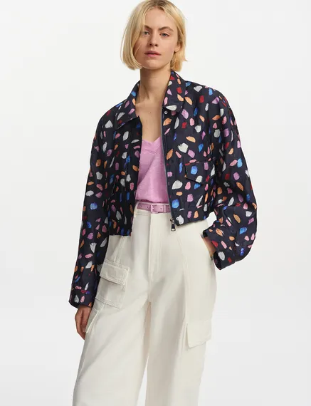 Navy blue cropped jacket with abstract print