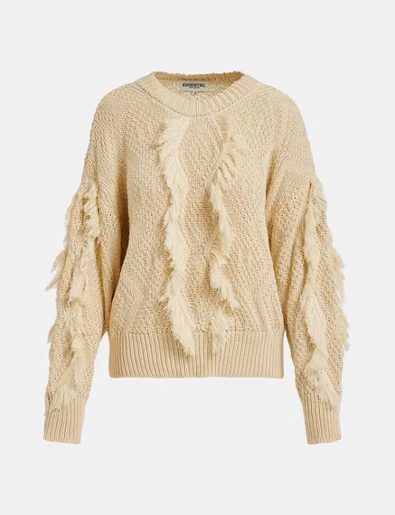 Ecru organic cotton knit sweater with fringes