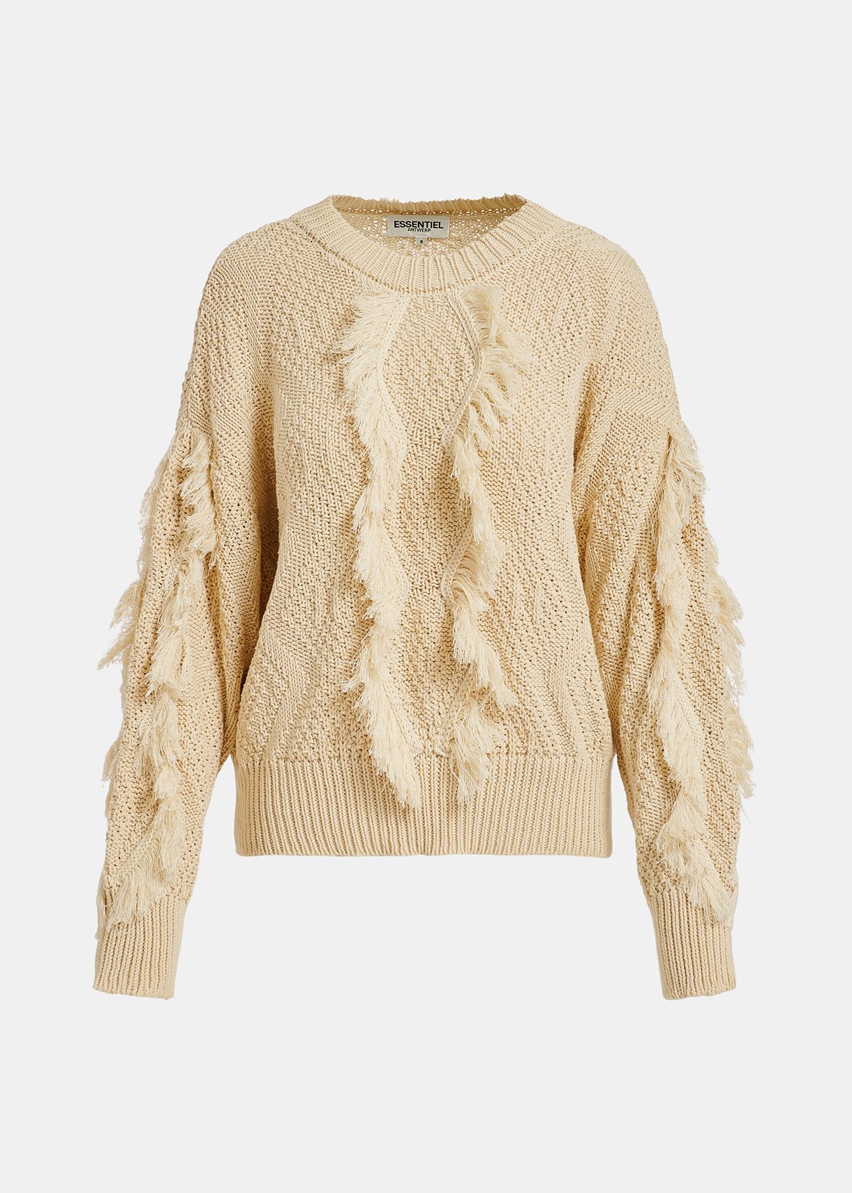 Ecru organic cotton knit sweater with fringes