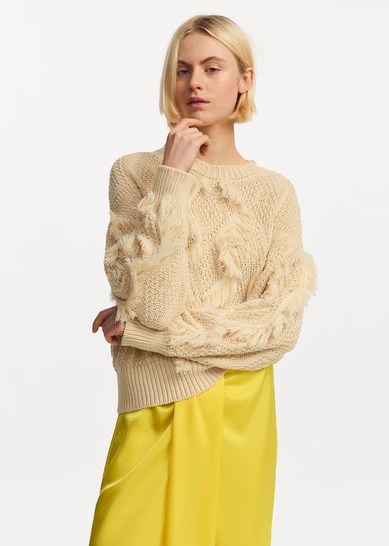 Ecru organic cotton knit sweater with fringes