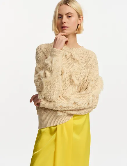 Ecru organic cotton knit sweater with fringes