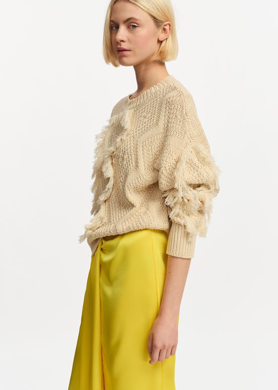 Ecru organic cotton knit sweater with fringes