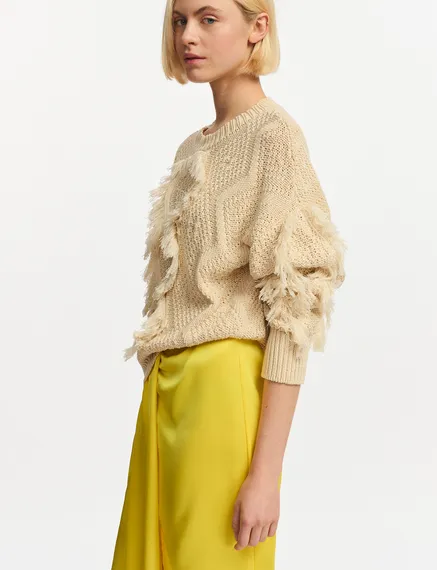 Ecru organic cotton knit sweater with fringes