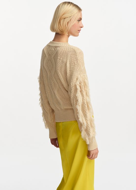 Ecru organic cotton knit sweater with fringes