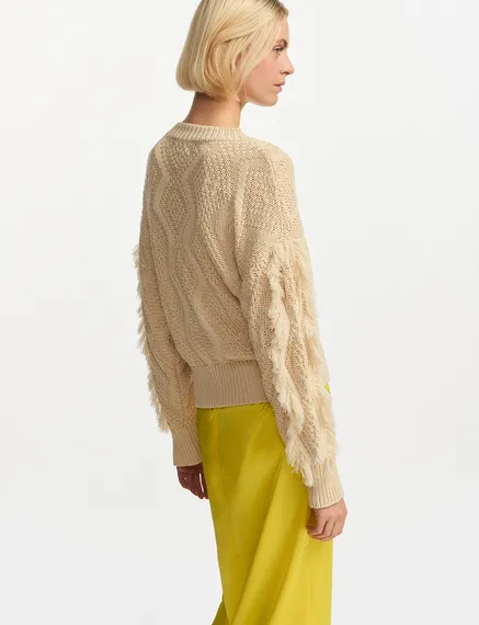 Ecru organic cotton knit sweater with fringes