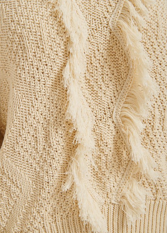 Ecru organic cotton knit sweater with fringes