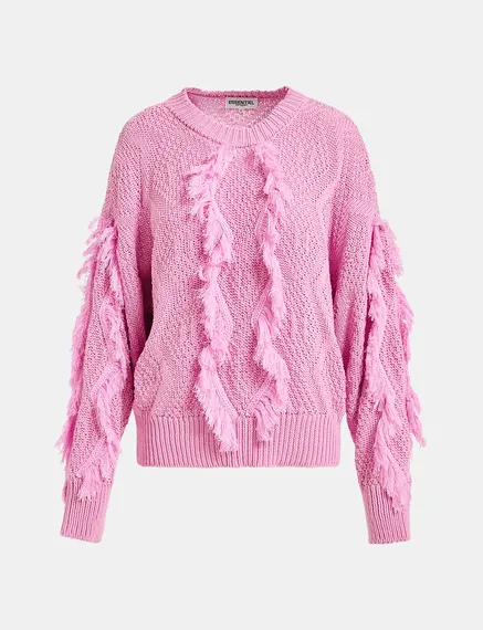 Pink organic cotton knit sweater with fringes