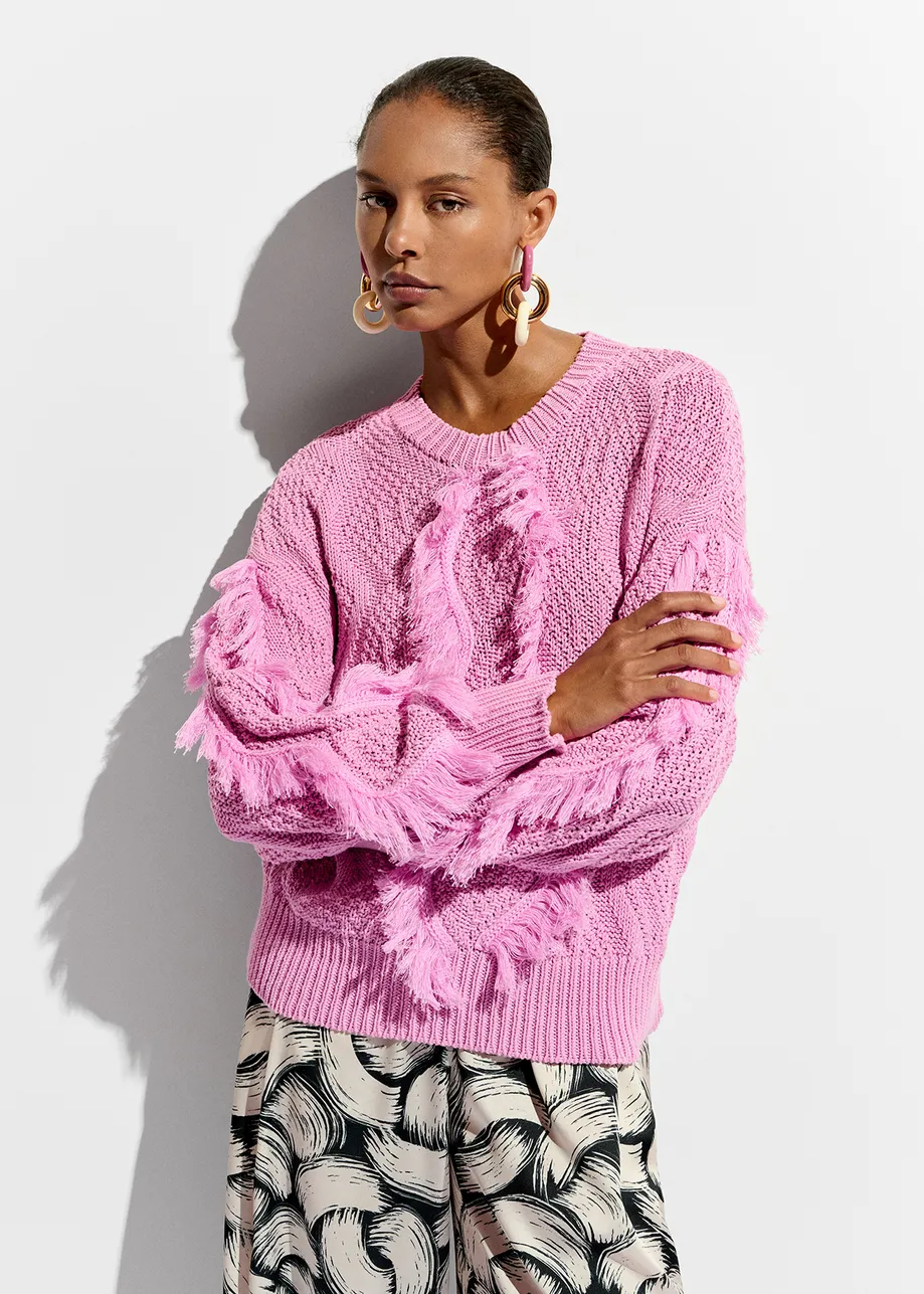 Pink organic cotton knit sweater with fringes