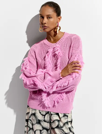 Pink organic cotton knit sweater with fringes