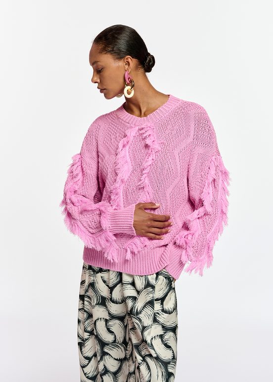 Pink organic cotton knit sweater with fringes