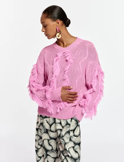 Pink organic cotton knit sweater with fringes