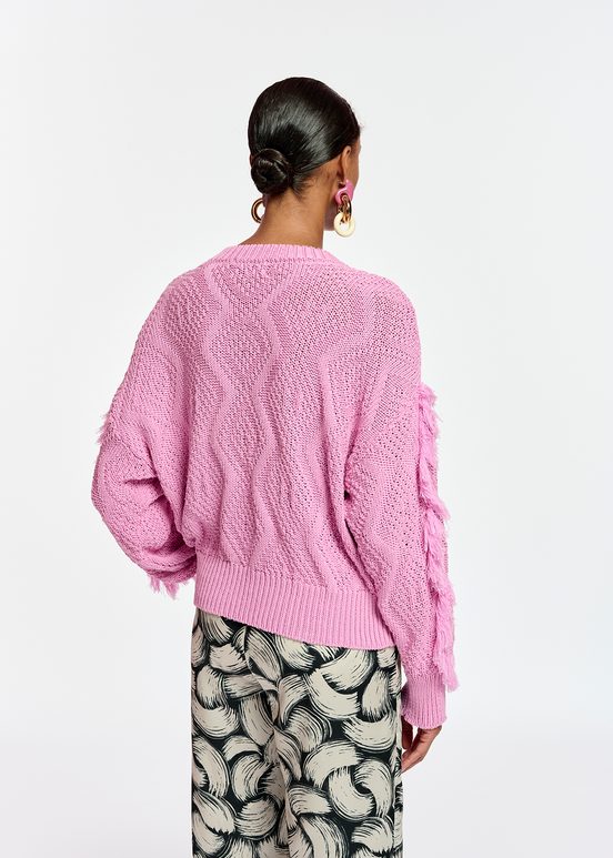 Pink organic cotton knit sweater with fringes