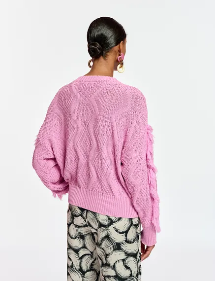 Pink organic cotton knit sweater with fringes