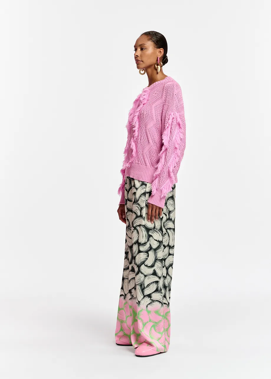 Pink organic cotton knit sweater with fringes