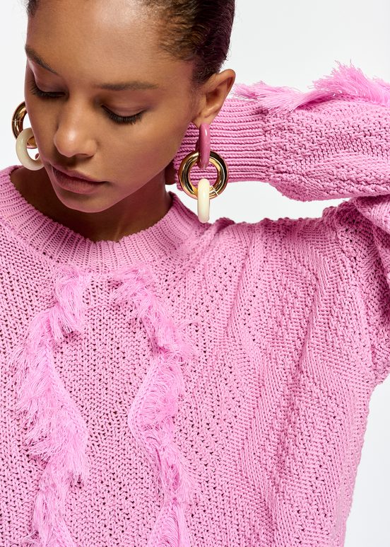 Pink organic cotton knit sweater with fringes