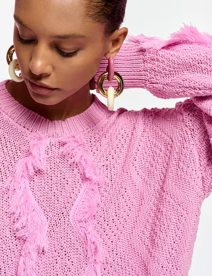 Pink organic cotton knit sweater with fringes