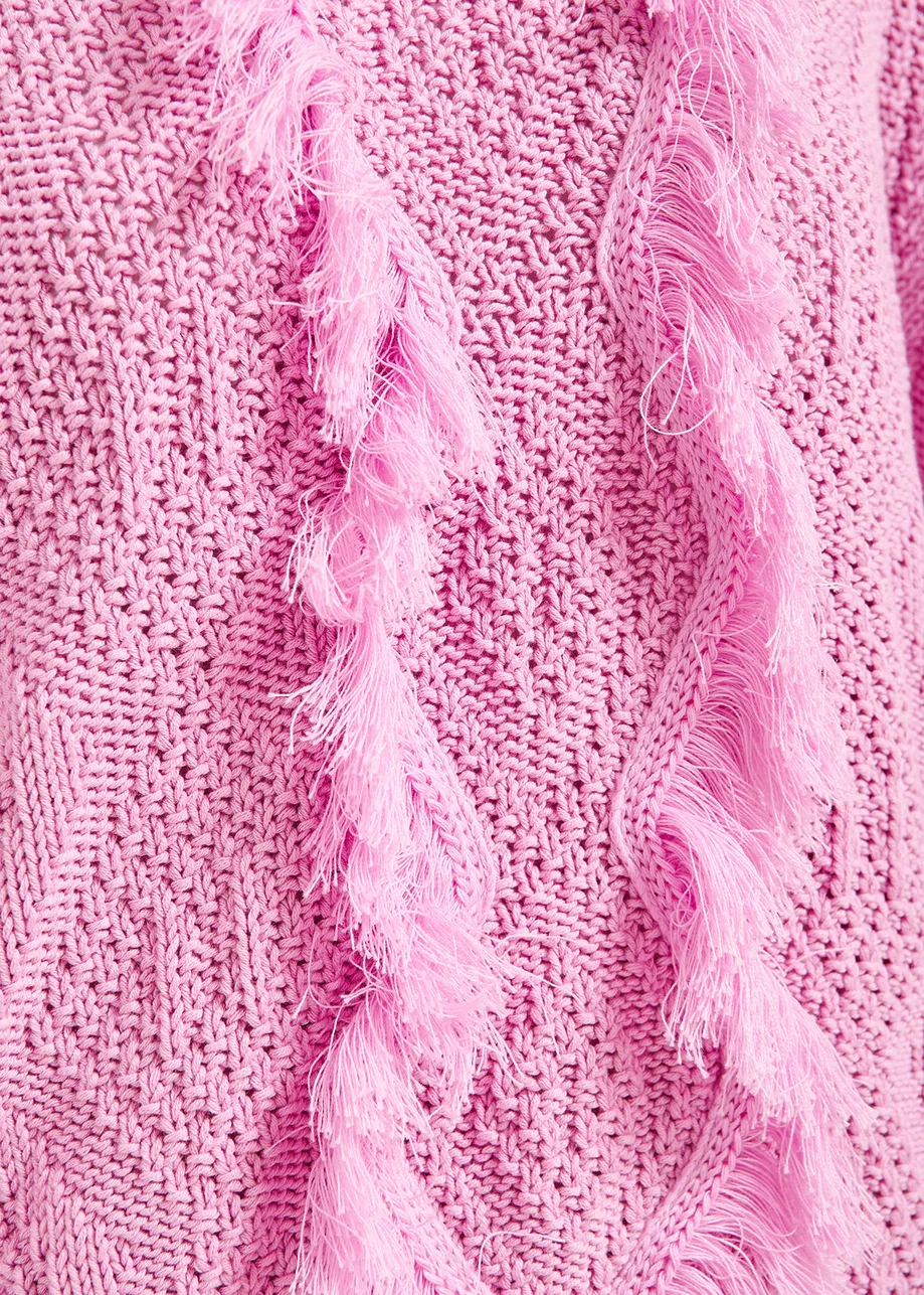 Pink organic cotton knit sweater with fringes