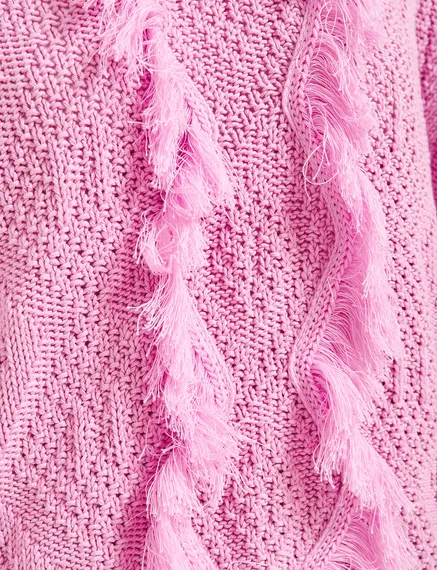 Pink organic cotton knit sweater with fringes