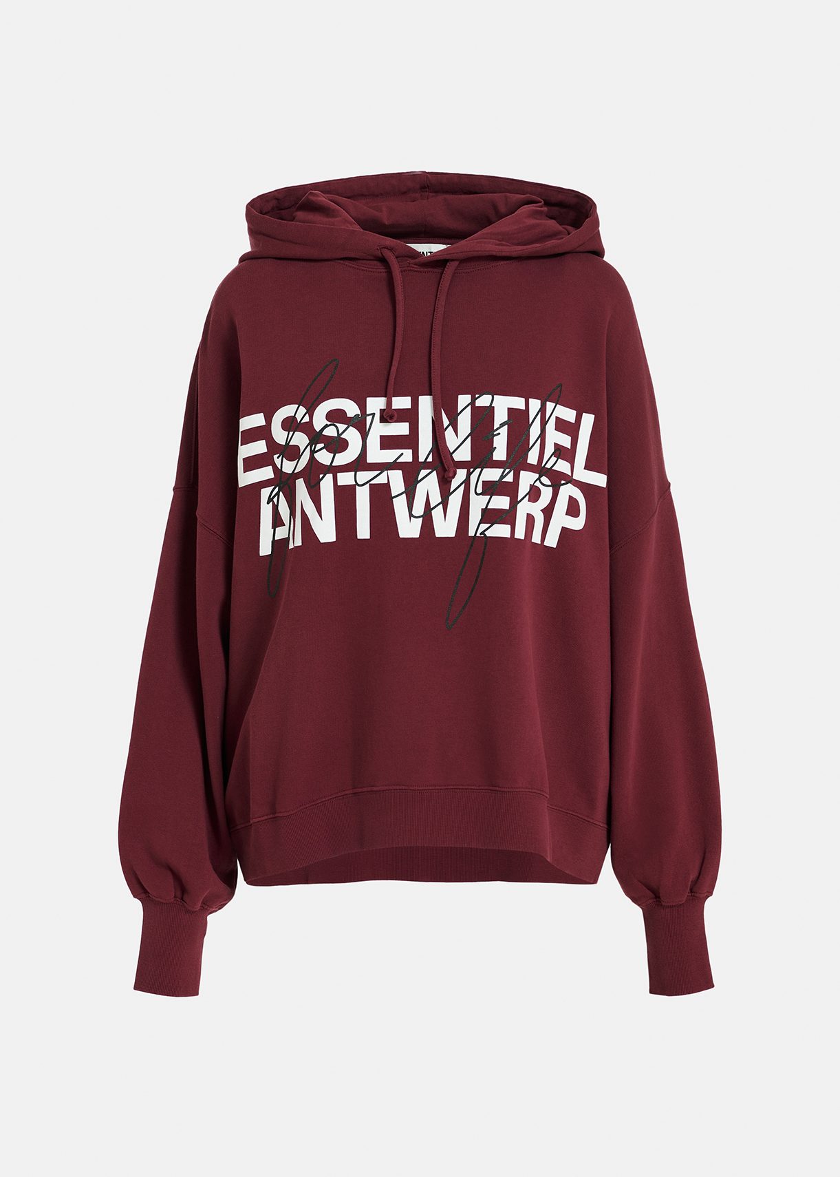 Burgundy organic cotton-jersey hoodie with logo print | Essentiel ...