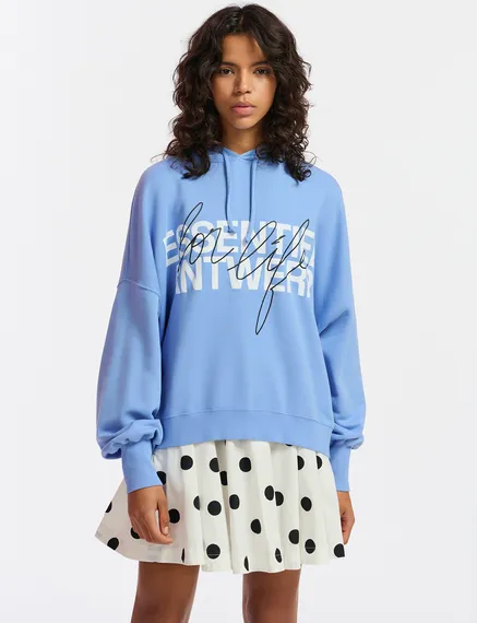 Blue organic cotton-jersey hoodie with logo print