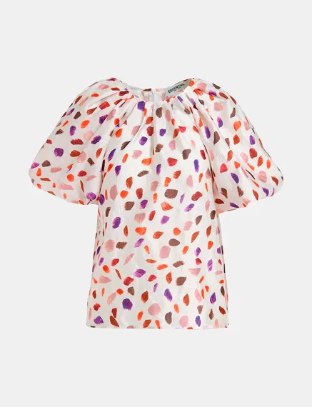 Gebroken witte top met pofmouwen en abstracte print