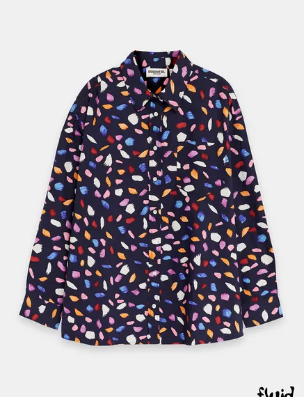 Navy blue cotton shirt with abstract print