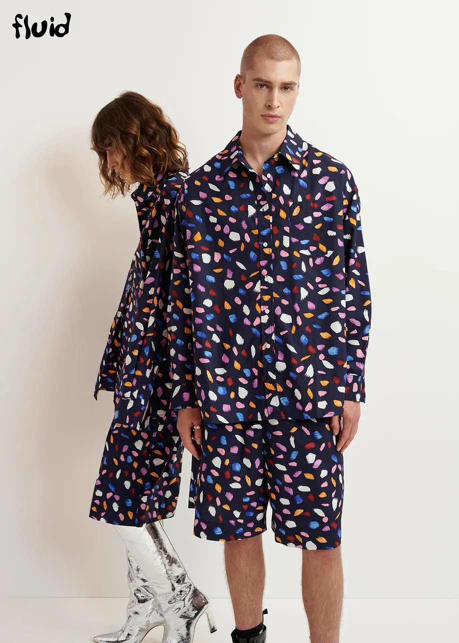 Navy blue cotton shirt with abstract print