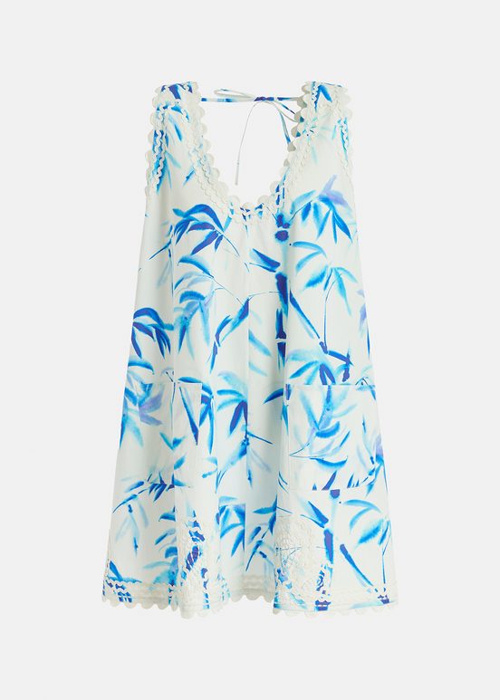 Gebroken witte en blauwe mini-jurk met palmbladerenprint