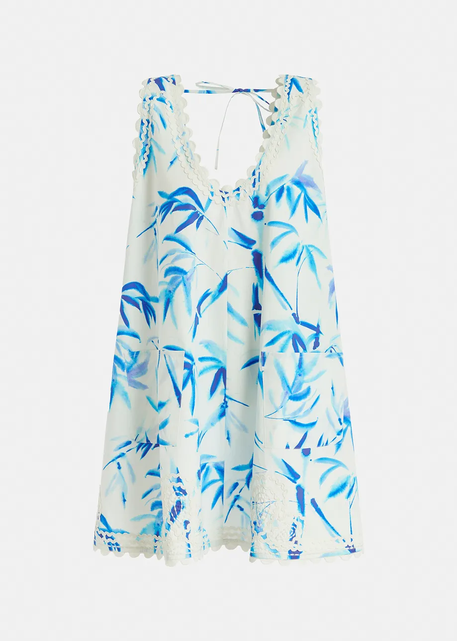 Cremefarbenes und blaues Minikleid mit Palmenblatt-Print