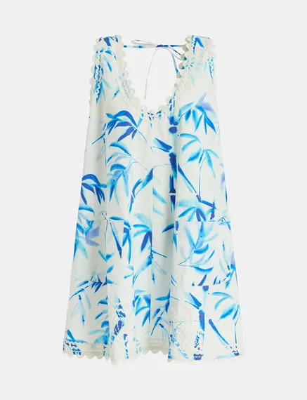 Gebroken witte en blauwe mini-jurk met palmbladerenprint