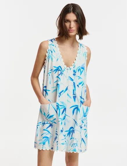 Off-white and blue mini dress with palm leaf print