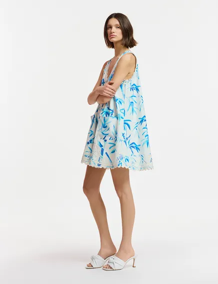 Off-white and blue mini dress with palm leaf print