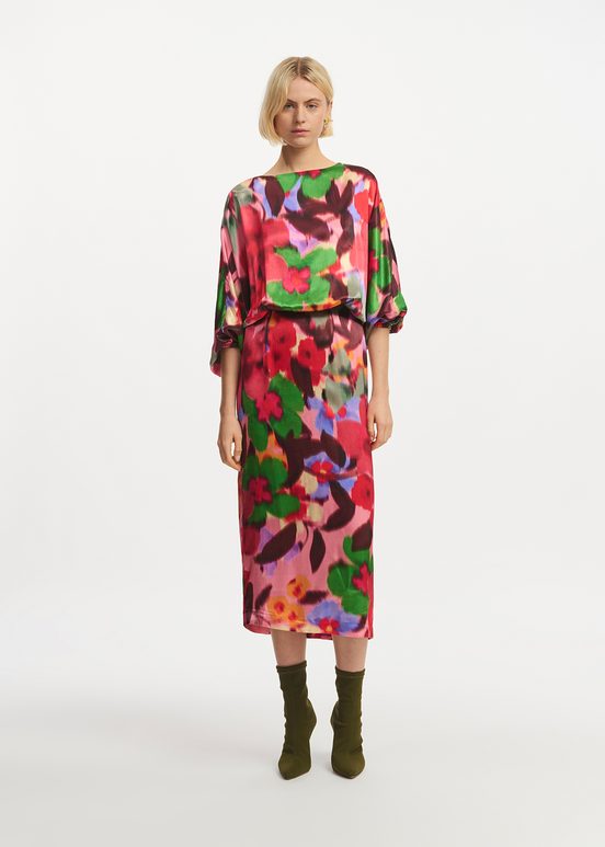 Multicolor floral print midi-length dress