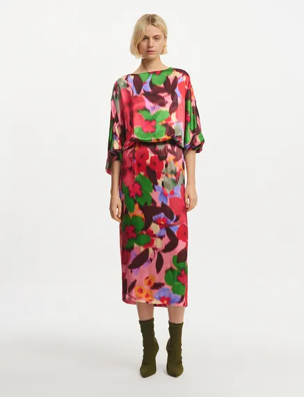 Multicolor floral print midi-length dress