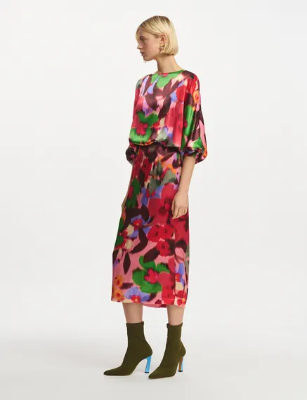 Multicolor floral print midi-length dress