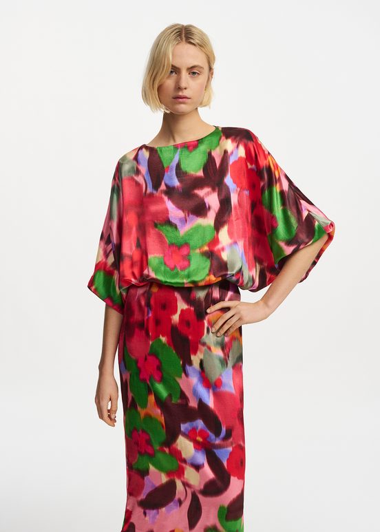 Multicolor floral print midi-length dress