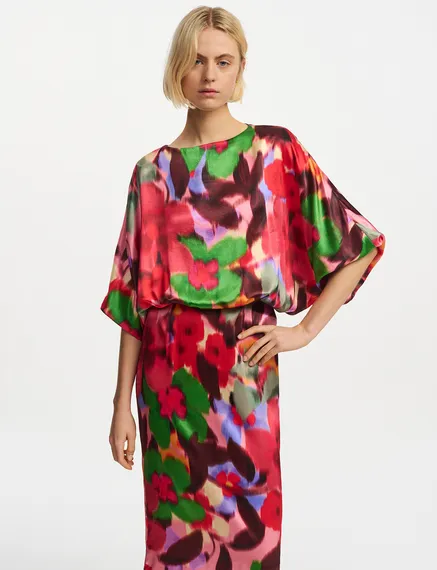 Multicolor floral print midi-length dress