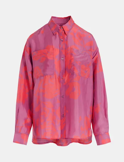 Chemise en soie fleurie pourpre et rose fluo