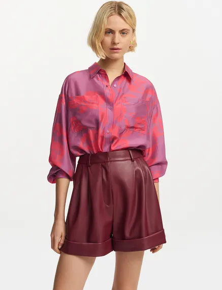 Purple and neon pink silk shirt with floral print