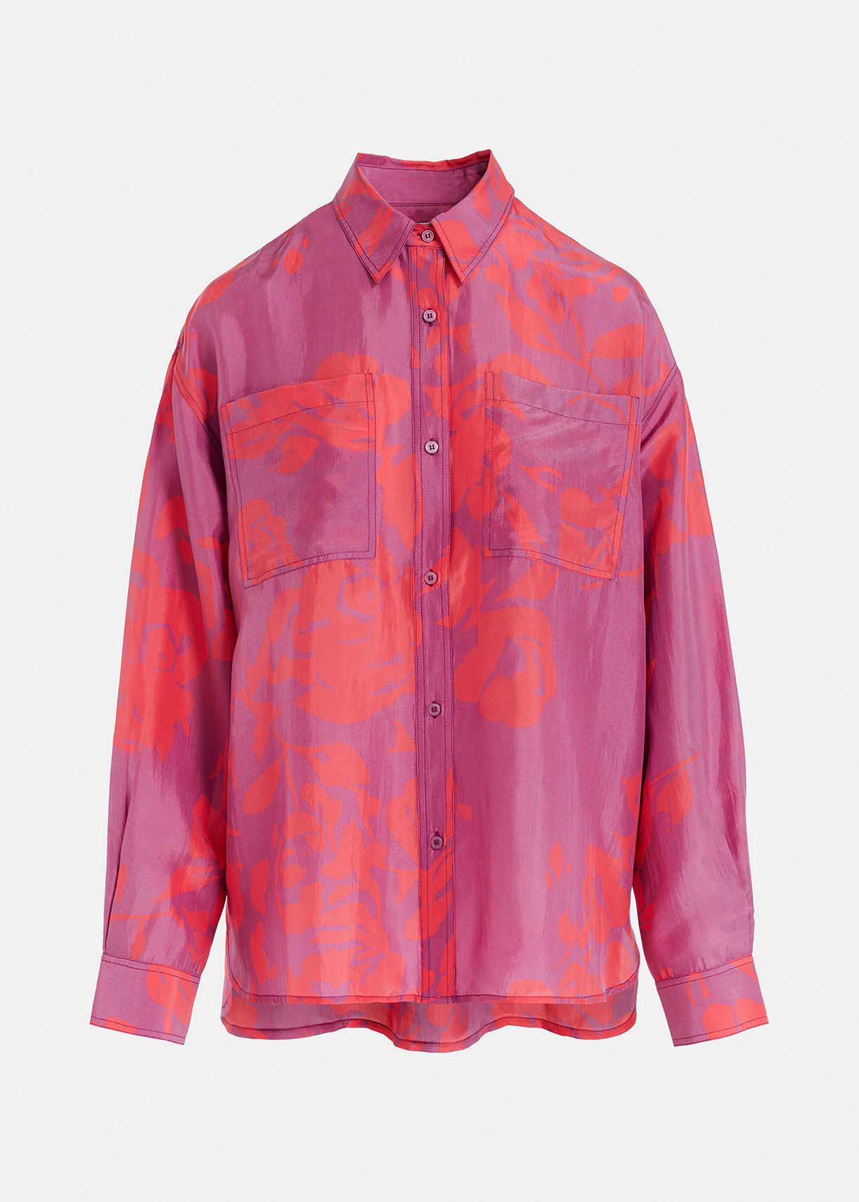 Chemise en soie fleurie pourpre et rose fluo