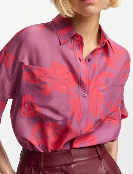 Purple and neon pink silk shirt with floral print