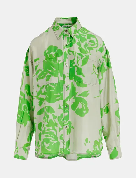 Chemise en soie fleurie grise et verte