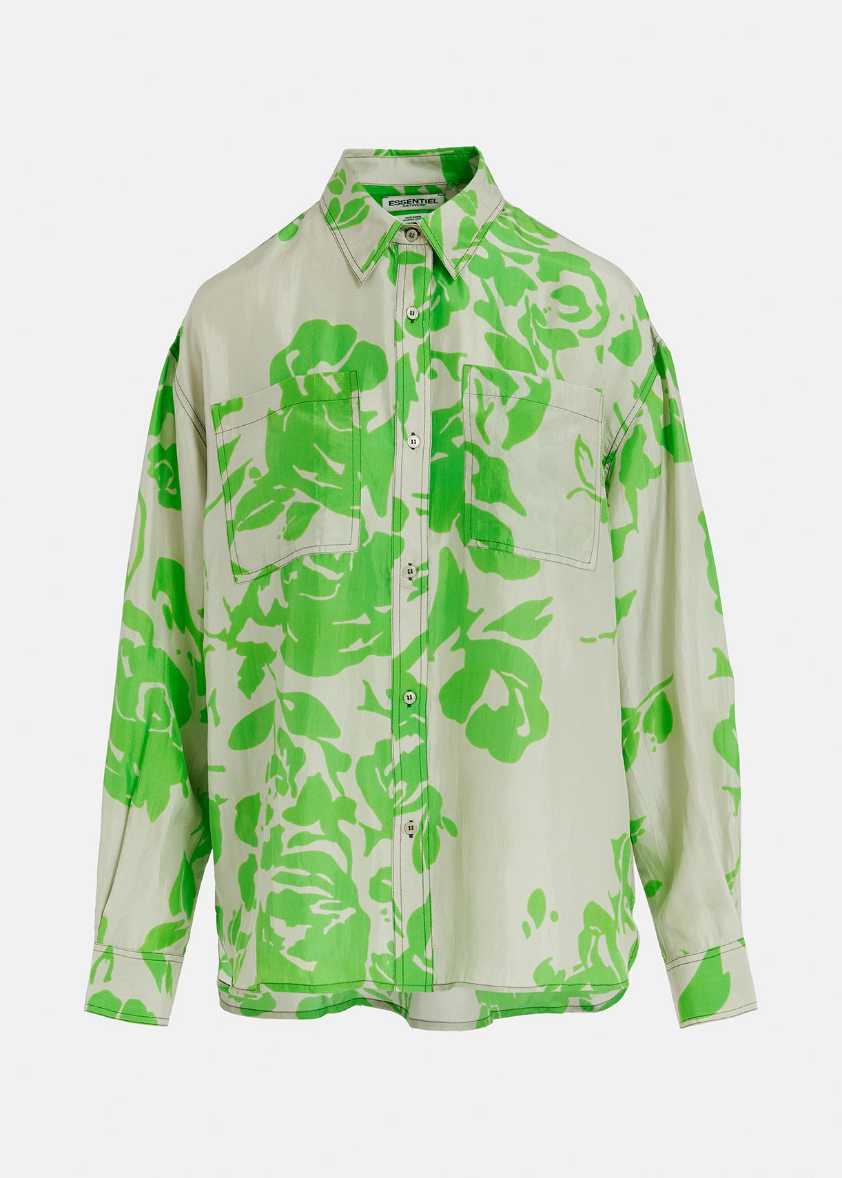 Chemise en soie fleurie grise et verte