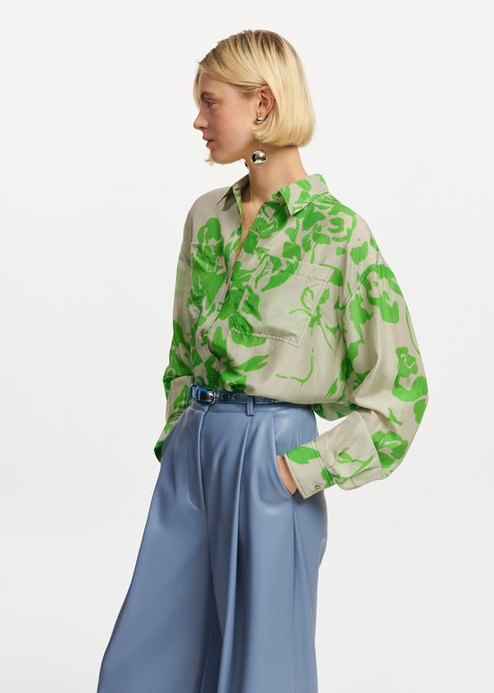 Grey and green silk shirt with floral print