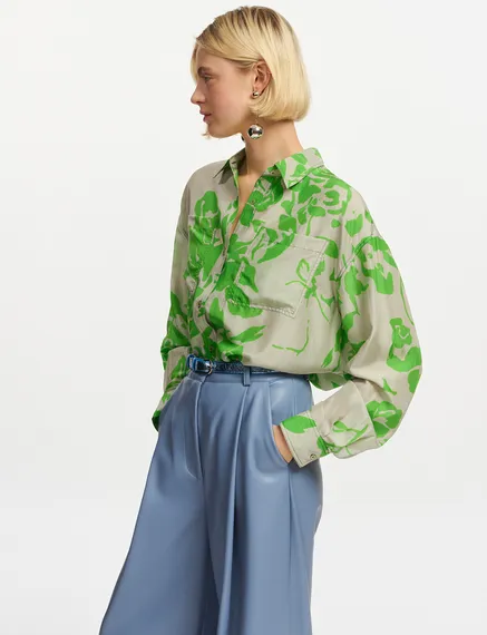 Grey and green silk shirt with floral print