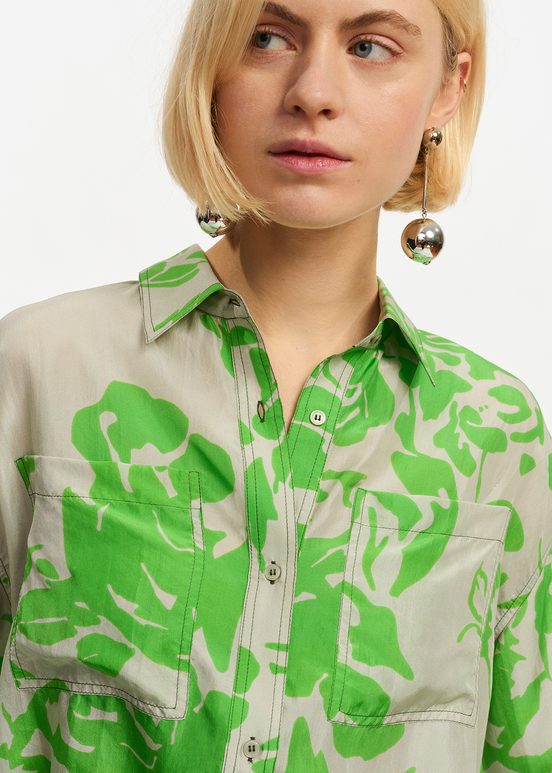 Grey and green silk shirt with floral print