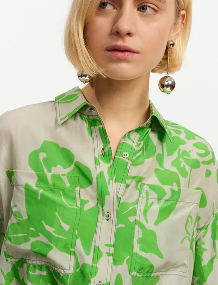 Grey and green silk shirt with floral print