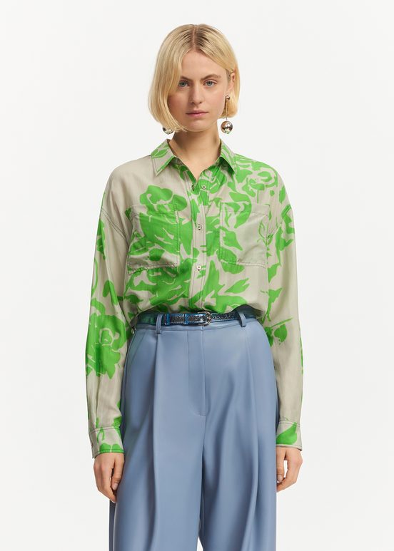 Chemise en soie fleurie grise et verte